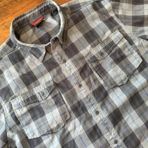 The North Face Shirt Mens XL Gray Blue Plaid Snap Front Long Sleeve Casual